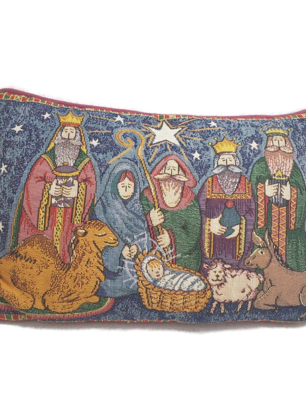 Christmas Nativity Scene Tapestry Throw Pillow 11x17 Three Wiseman Bethlehem Red